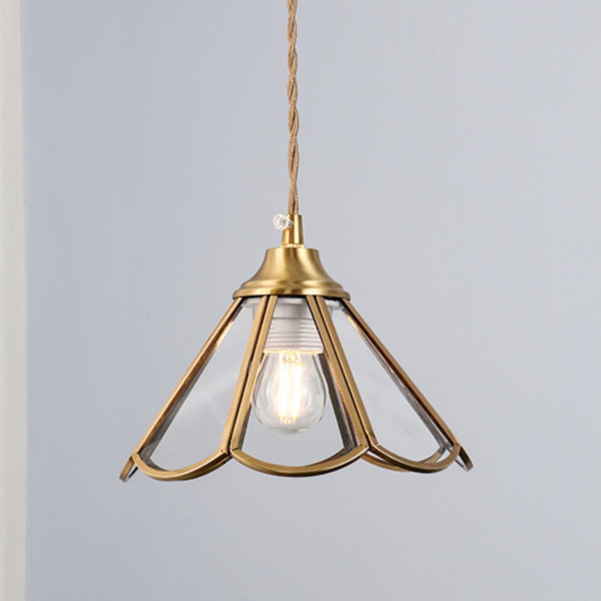 Pendant Lamp Textured Blue Glass Scalloped Brass - Letslighting