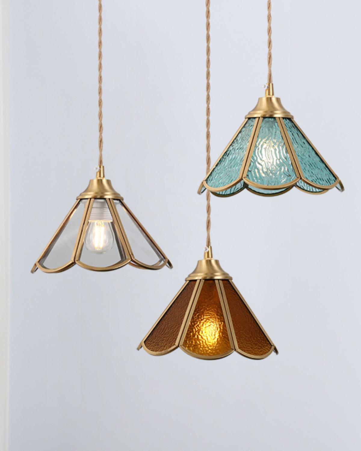 Pendant Lamp Textured Blue Glass Scalloped Brass - Letslighting