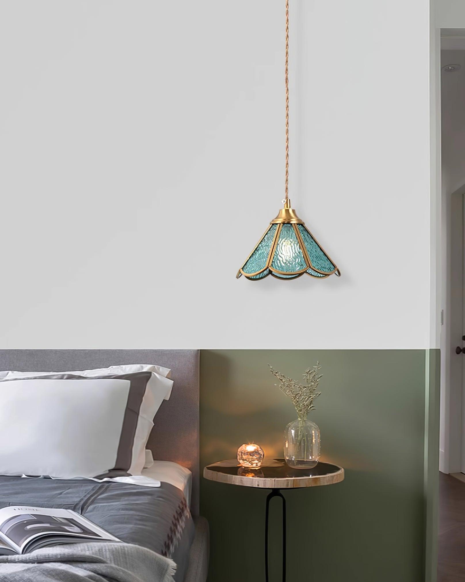 Pendant Lamp Textured Blue Glass Scalloped Brass - Letslighting