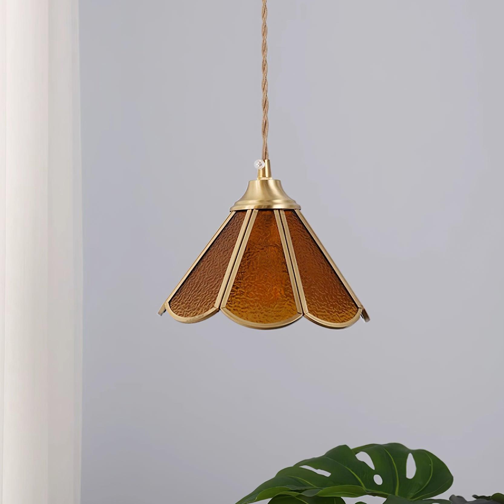 Pendant Lamp Textured Blue Glass Scalloped Brass - Letslighting