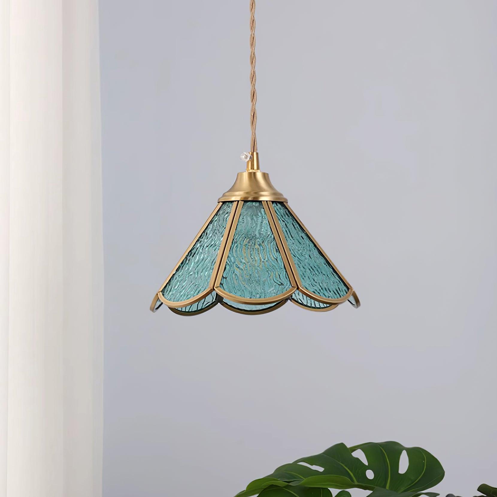 Pendant Lamp Textured Blue Glass Scalloped Brass - Letslighting