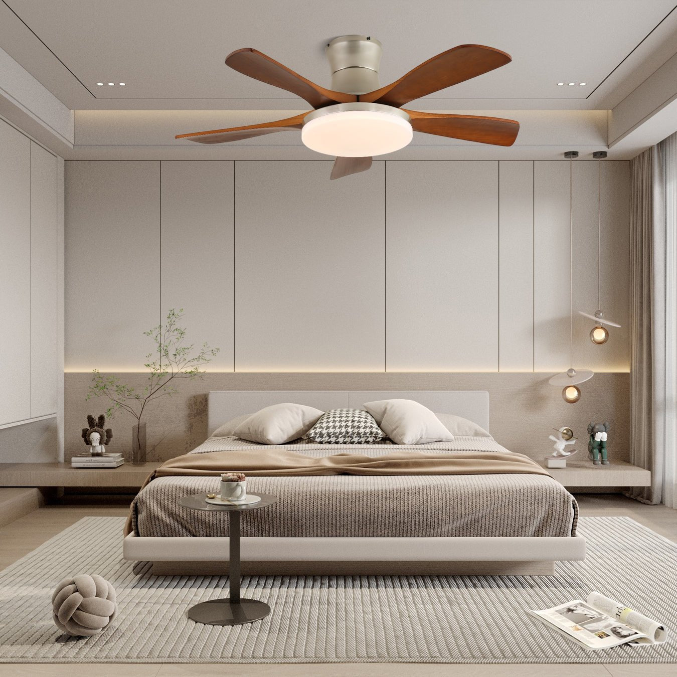 Profilo laterale del ventilatore da soffitto Brevo con luce, che ne sottolinea il design elegante e il montaggio a soffitto.