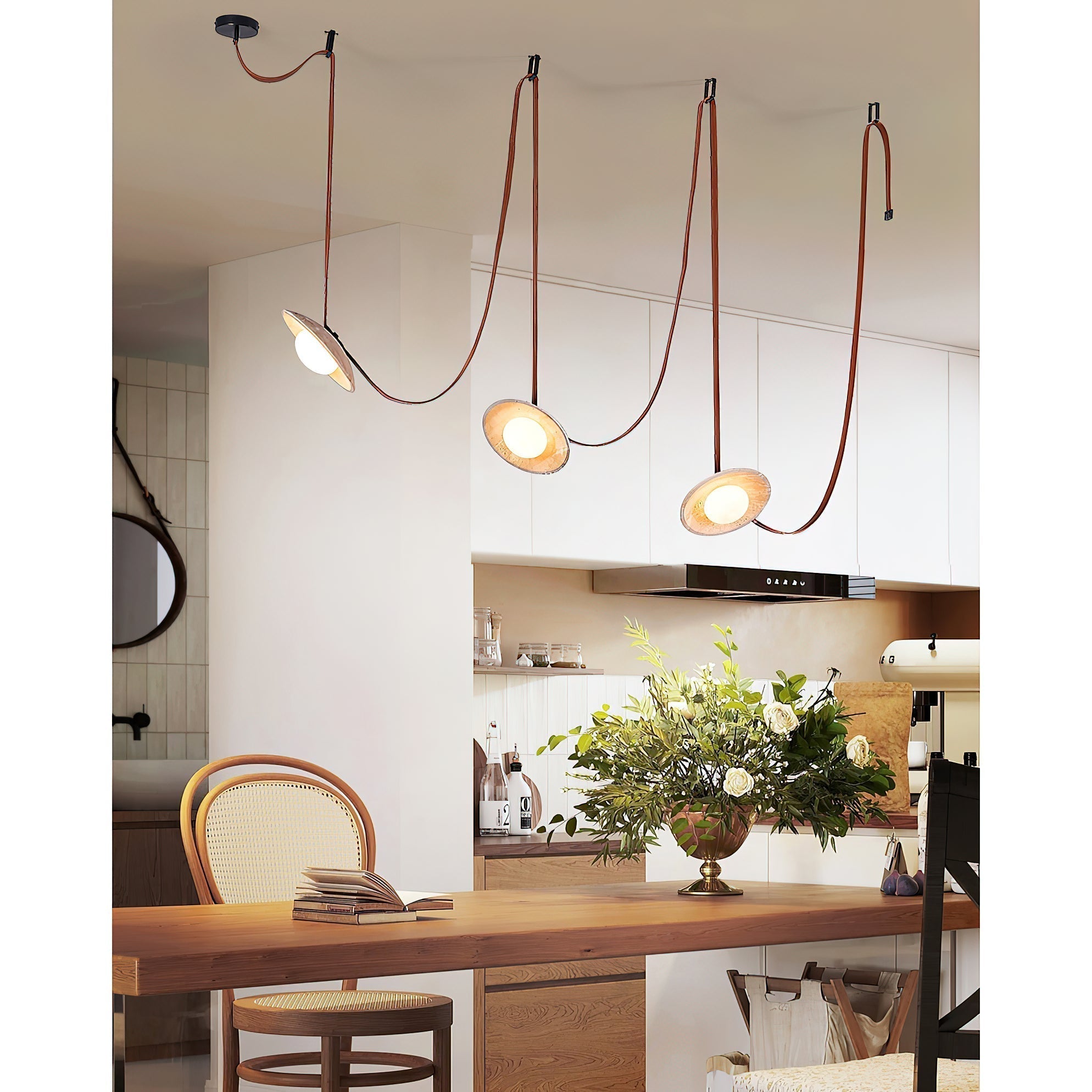 Olnoran Modern Minimalist Rail Leather Travertine Pendant Lamp - Lamp Copper