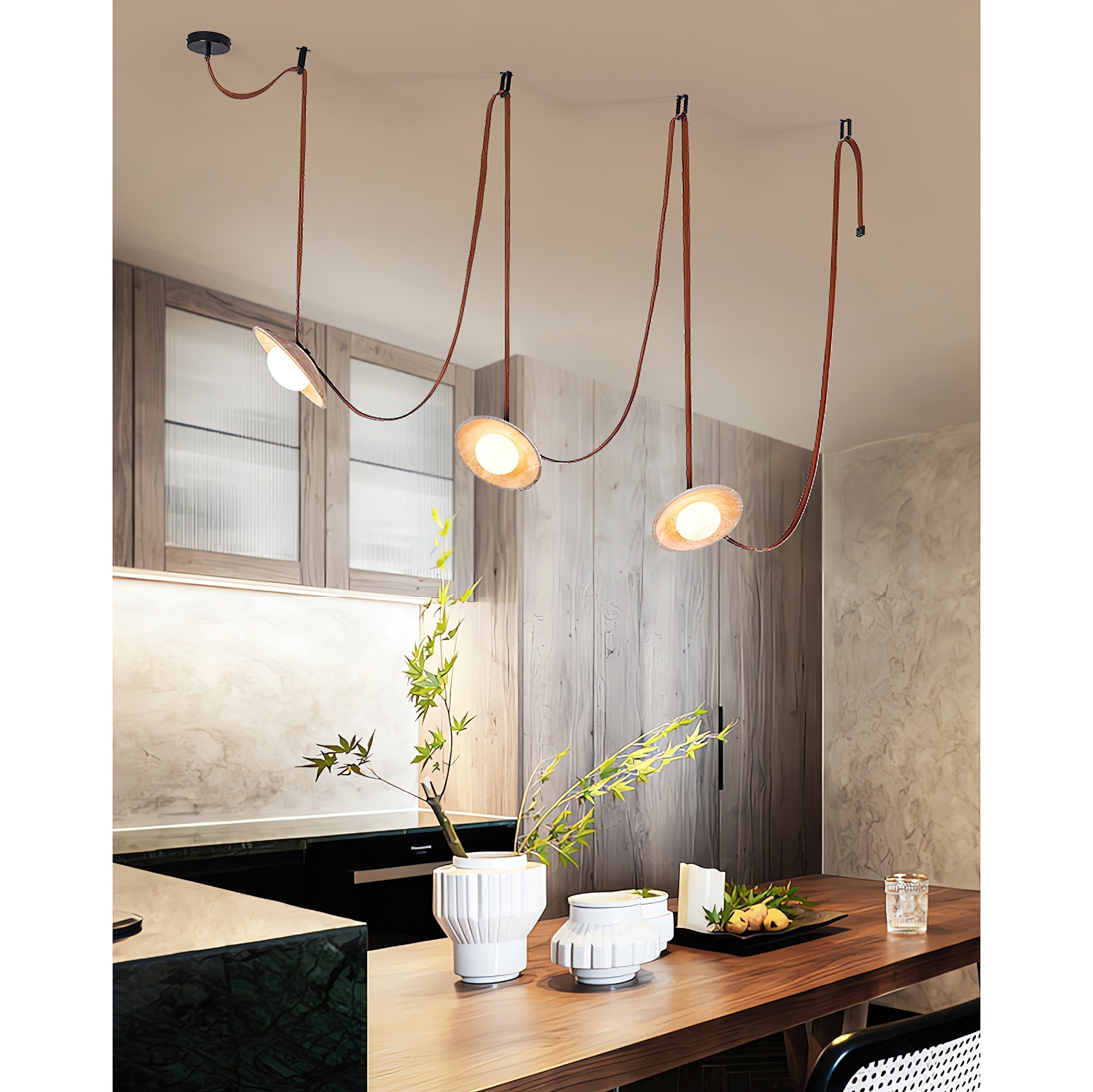 Olnoran Modern Minimalist Rail Leather Travertine Pendant Lamp - Lamp Copper