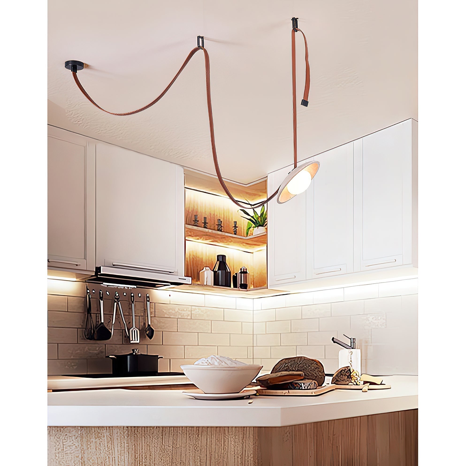 Olnoran Modern Minimalist Rail Leather Travertine Pendant Lamp - Lamp Copper