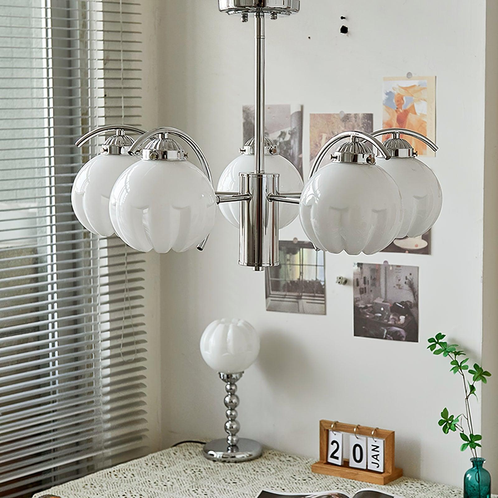 Chandelier Chrome Curved Arms with Frosted Globe Shades - Blowlighting