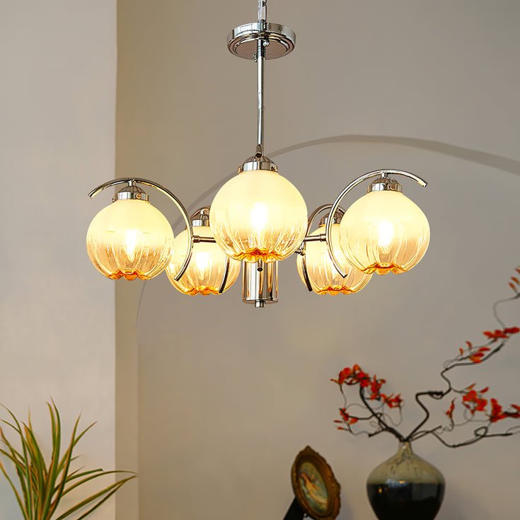 Chandelier Chrome Curved Arms with Frosted Globe Shades - Blowlighting