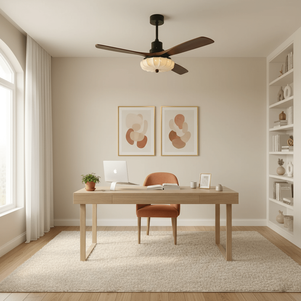 Ventilatore da Soffitto con Luce Jasper Bloom visto dal basso, che evidenzia la luce LED