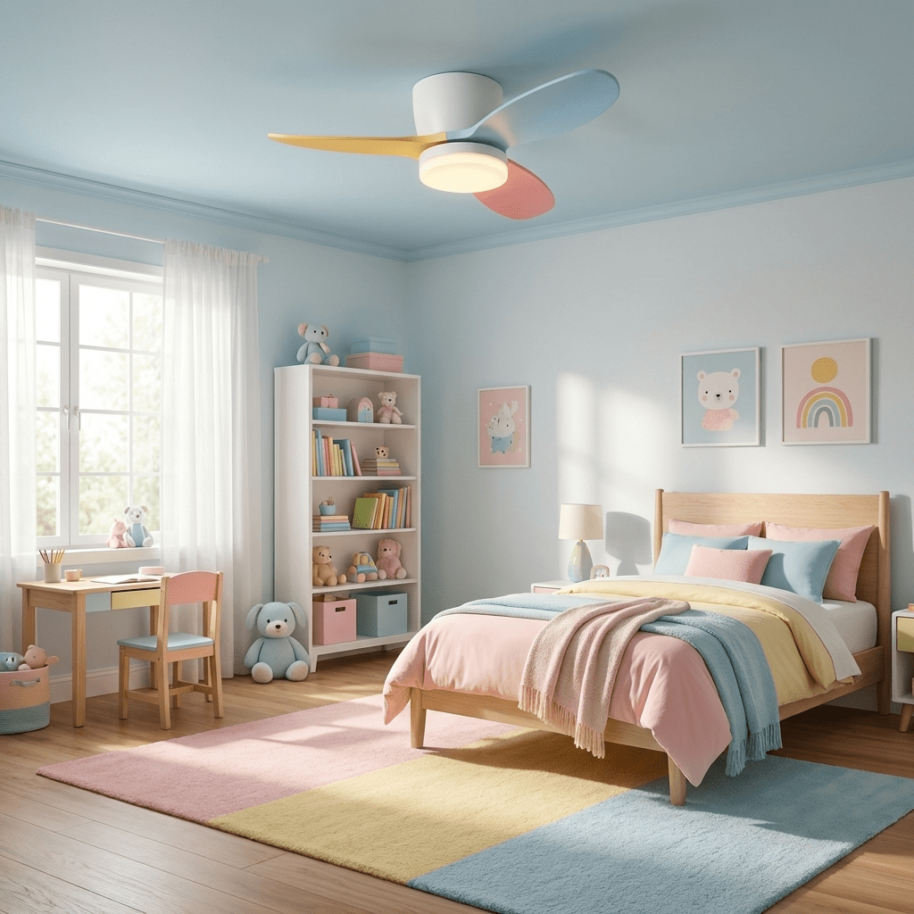 Ventilatore da soffitto con luce Milo Petalo installato in un soggiorno moderno