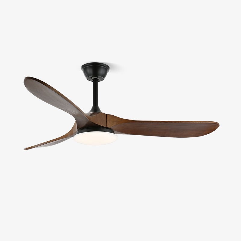 Ventilatore da soffitto moderno Velix in legno con luce in un soggiorno contemporaneo