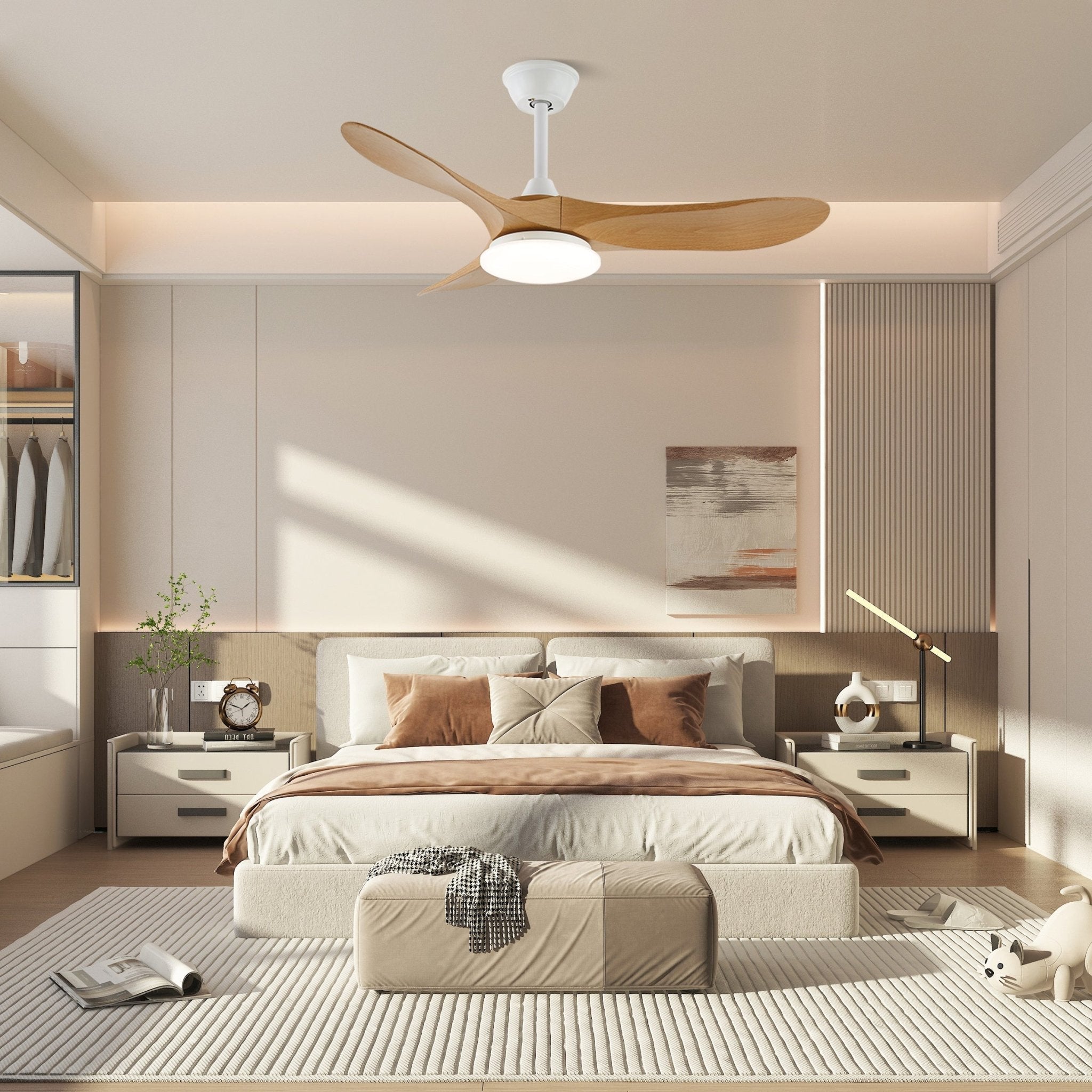 Ventilatore da soffitto moderno Velix in legno con luce visto dal basso
