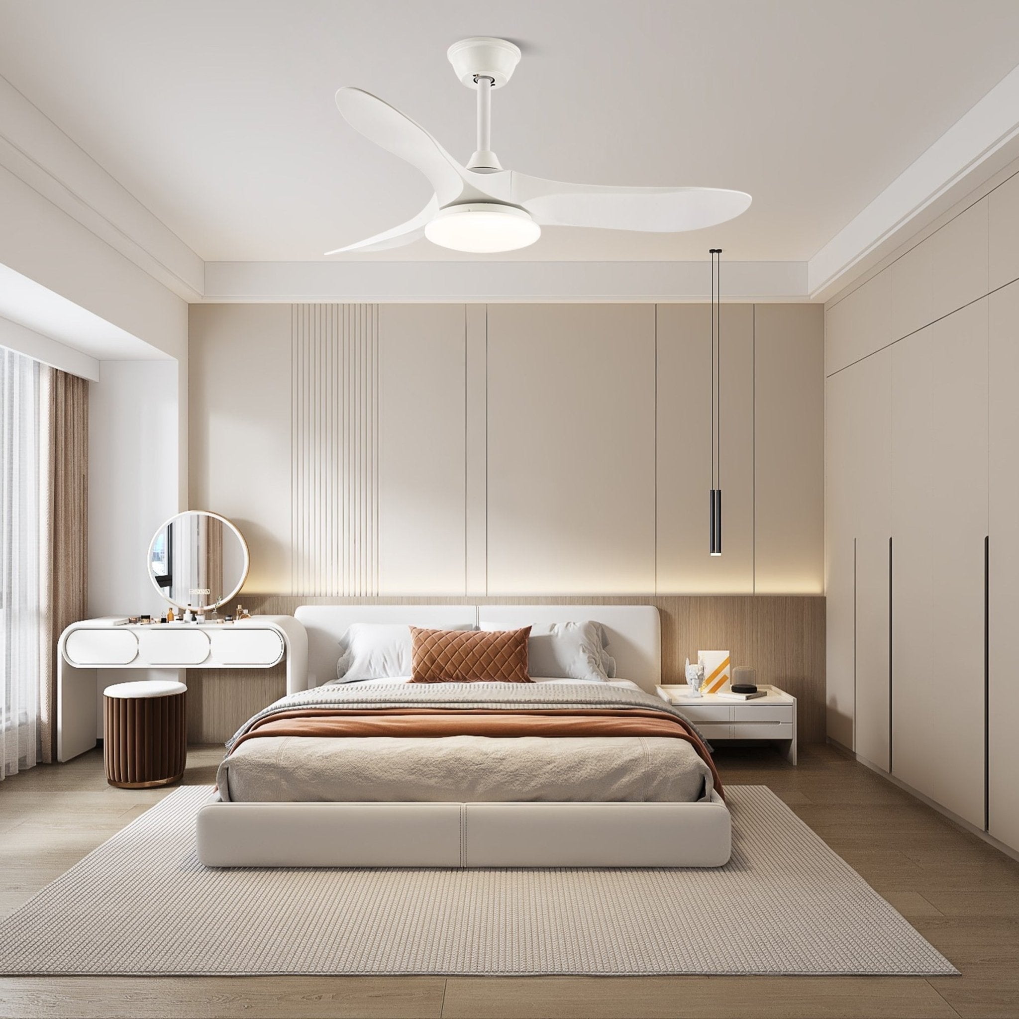 Ventilatore da soffitto moderno Velix in legno con luce che illumina uno spazio
