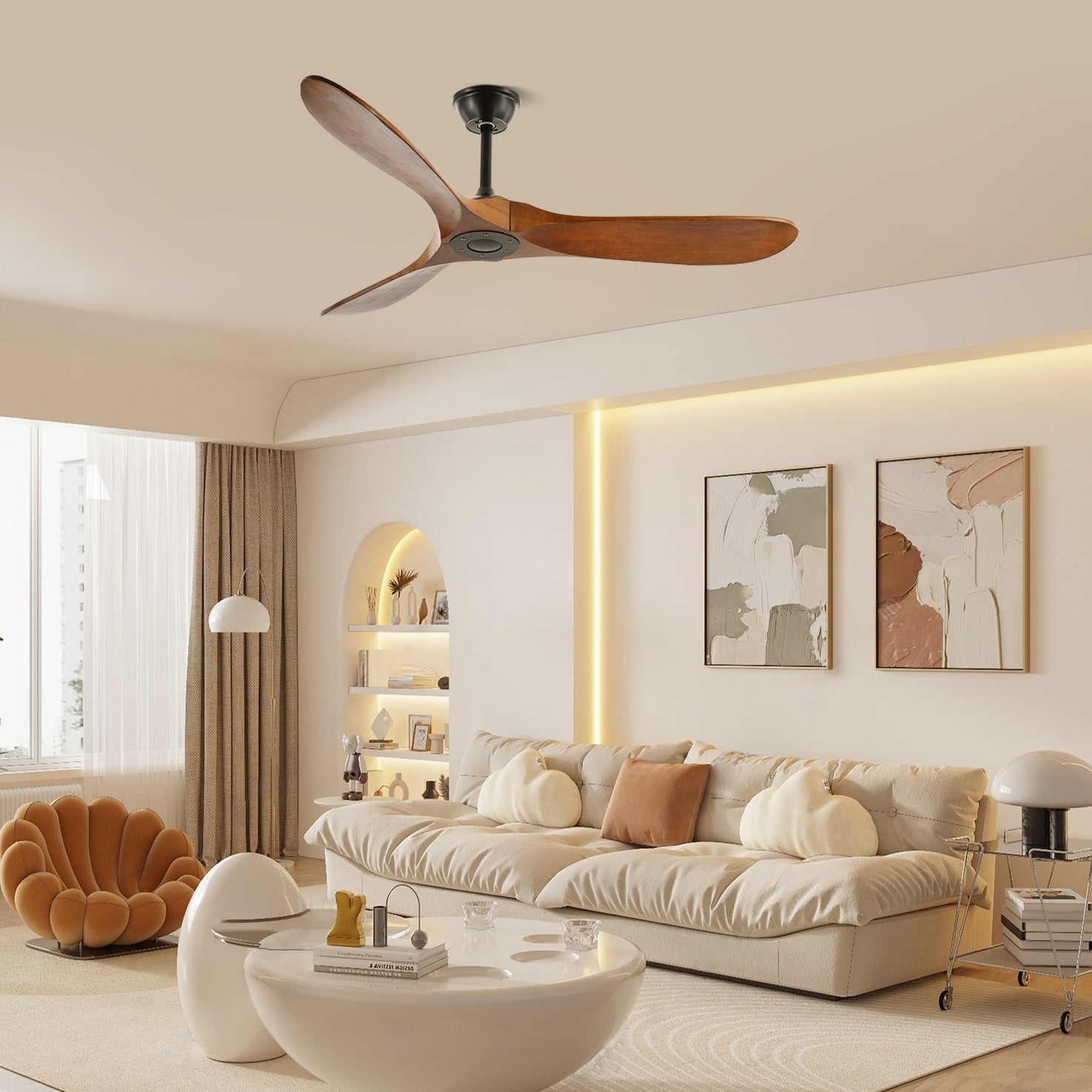 Ventilatore da soffitto Aviona in legno, adatto per ambienti interni.