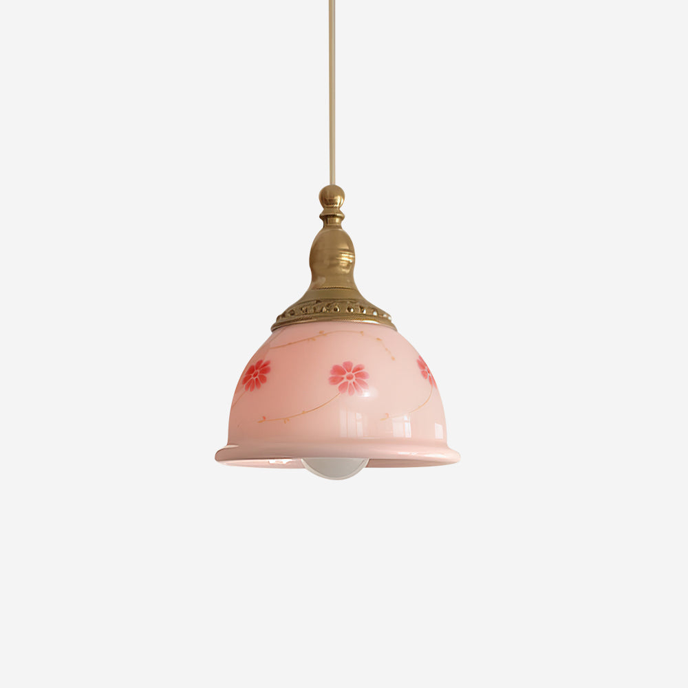 Pendant Lamp Brass and Glass Floral Pattern Dome Shade Vintage - Letslighting