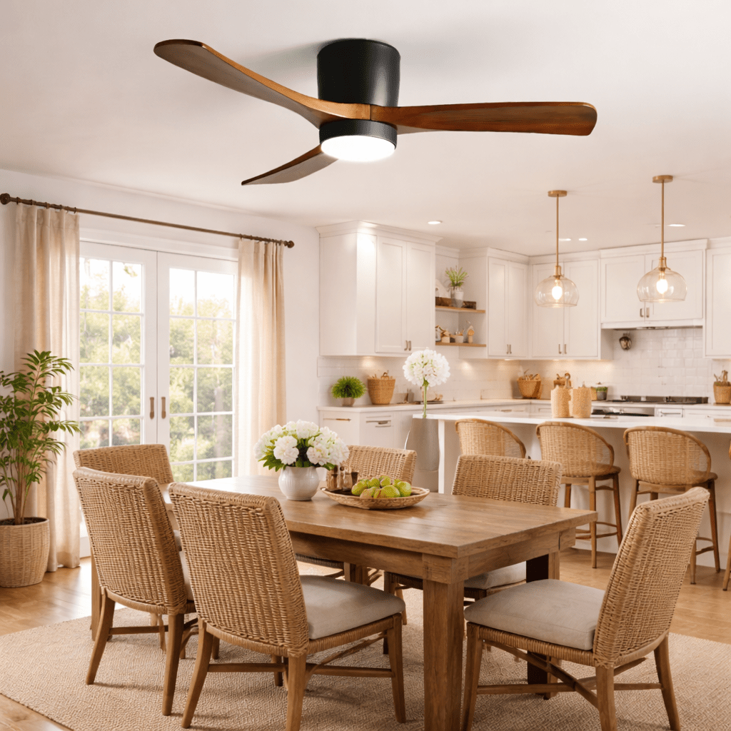 Ventilatore da soffitto Nordico Ezra con luce che mostra il silenzioso motore DC