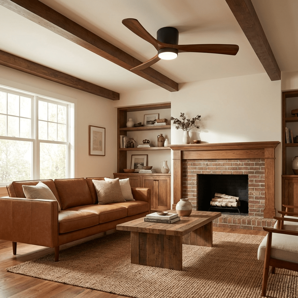 Ventilatore da soffitto Nordico Ezra con luce in un ambiente soggiorno moderno