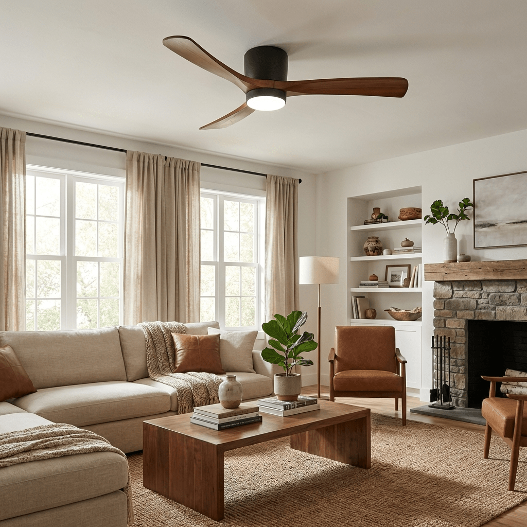 Ventilatore da soffitto Nordico Ezra con luce, primo piano della luce LED e delle pale in legno