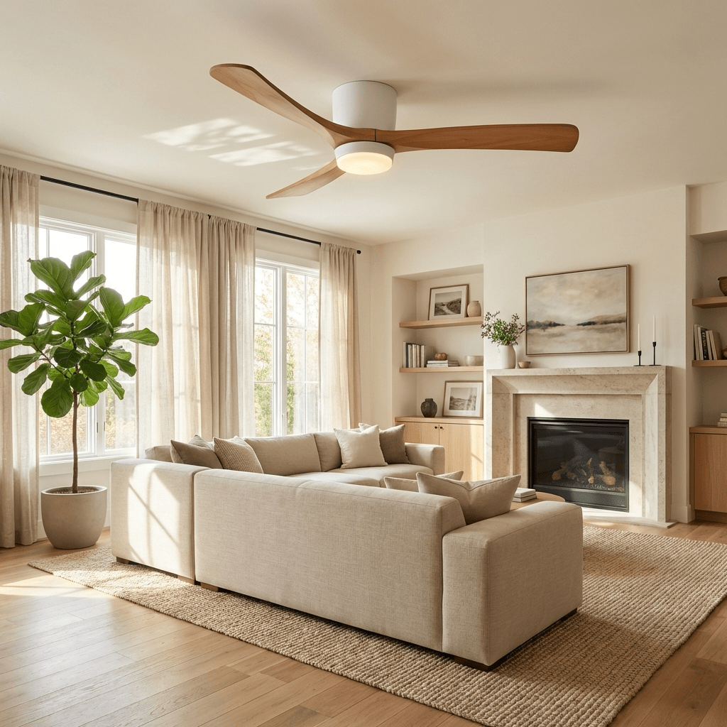 Ventilatore da soffitto Nordico Ezra con luce, opzione finitura legno naturale