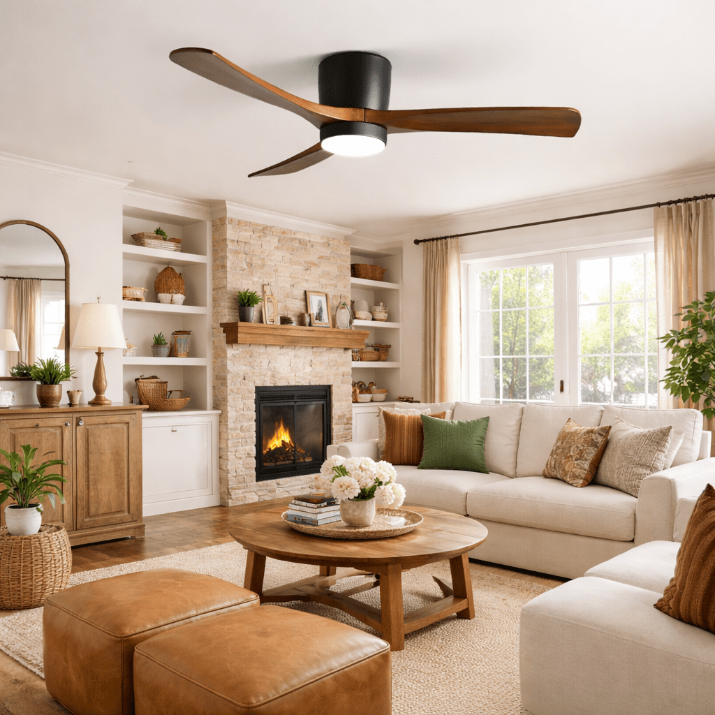 Ventilatore da soffitto con luce in legno Nordico Ezra con pale in legno di sicomoro