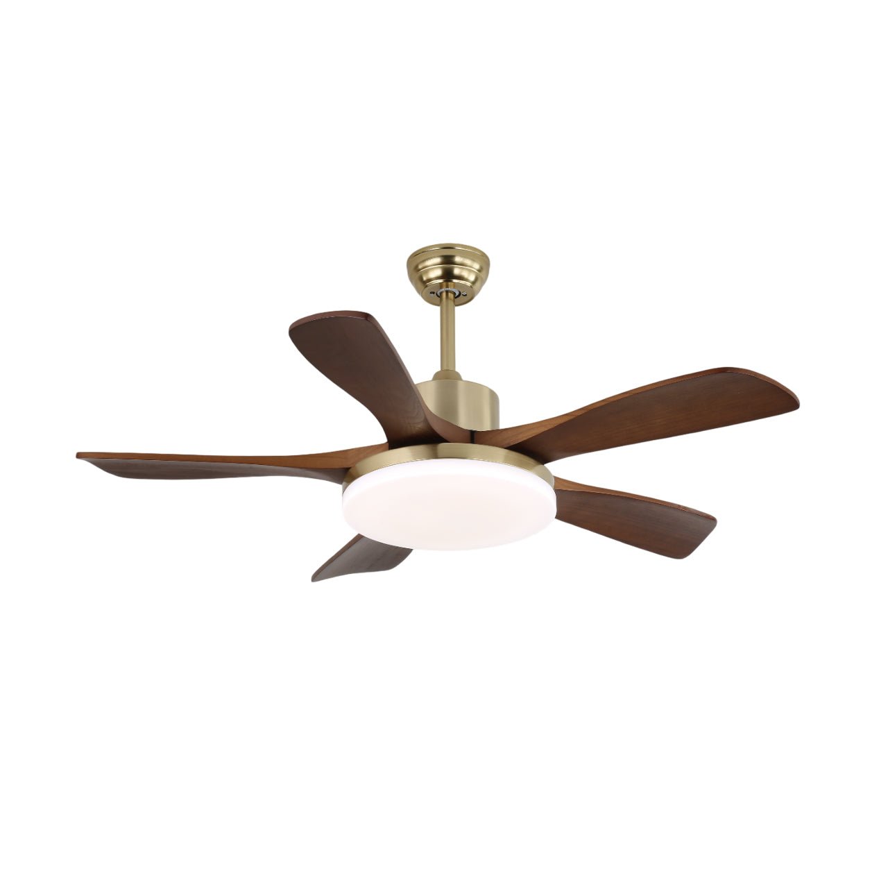 Ventilatore da soffitto Aurelia in legno con luce installato in un soggiorno