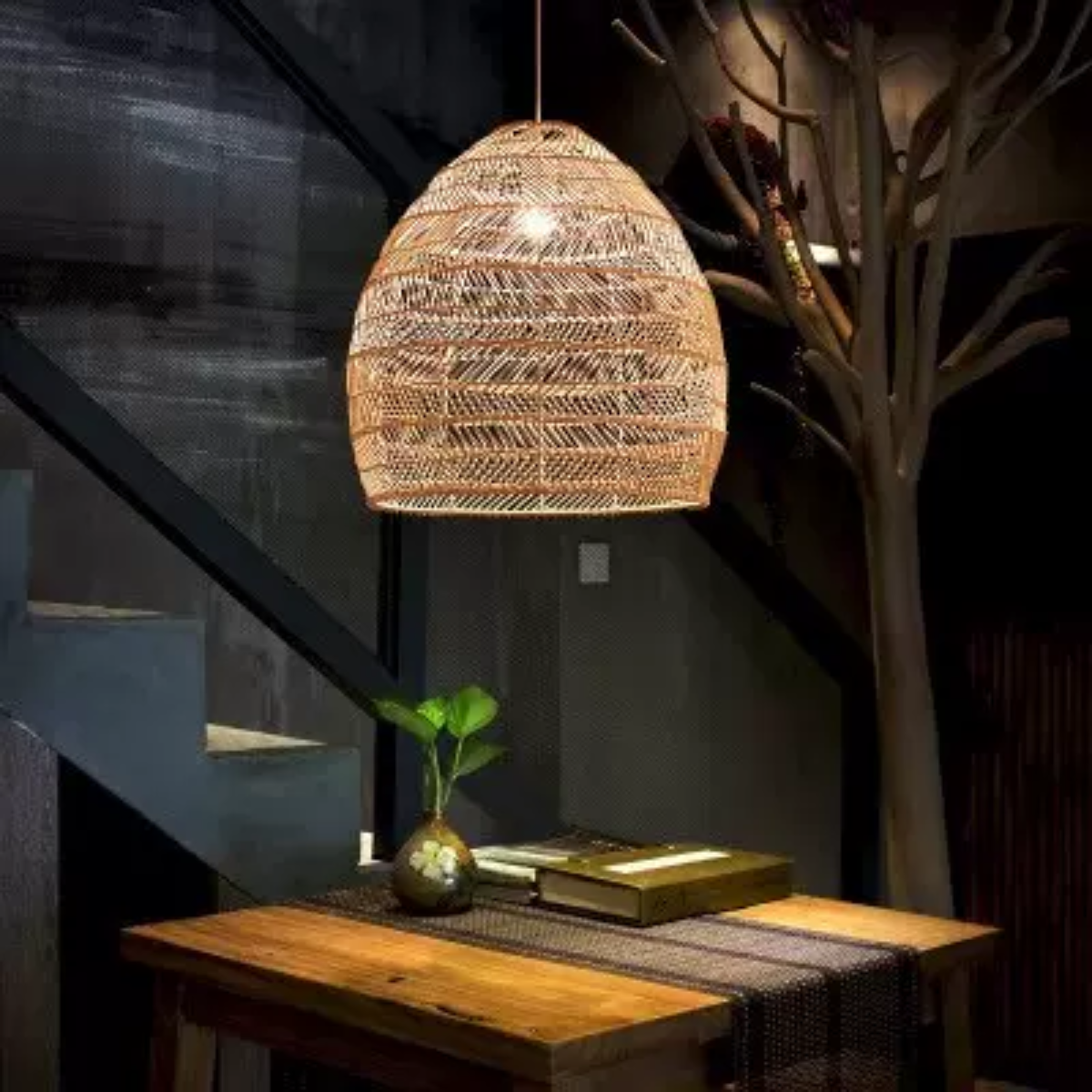 Muto Lampada a Sospensione LED di Design Retrò Nero/Legno per Soggiorno/Studio