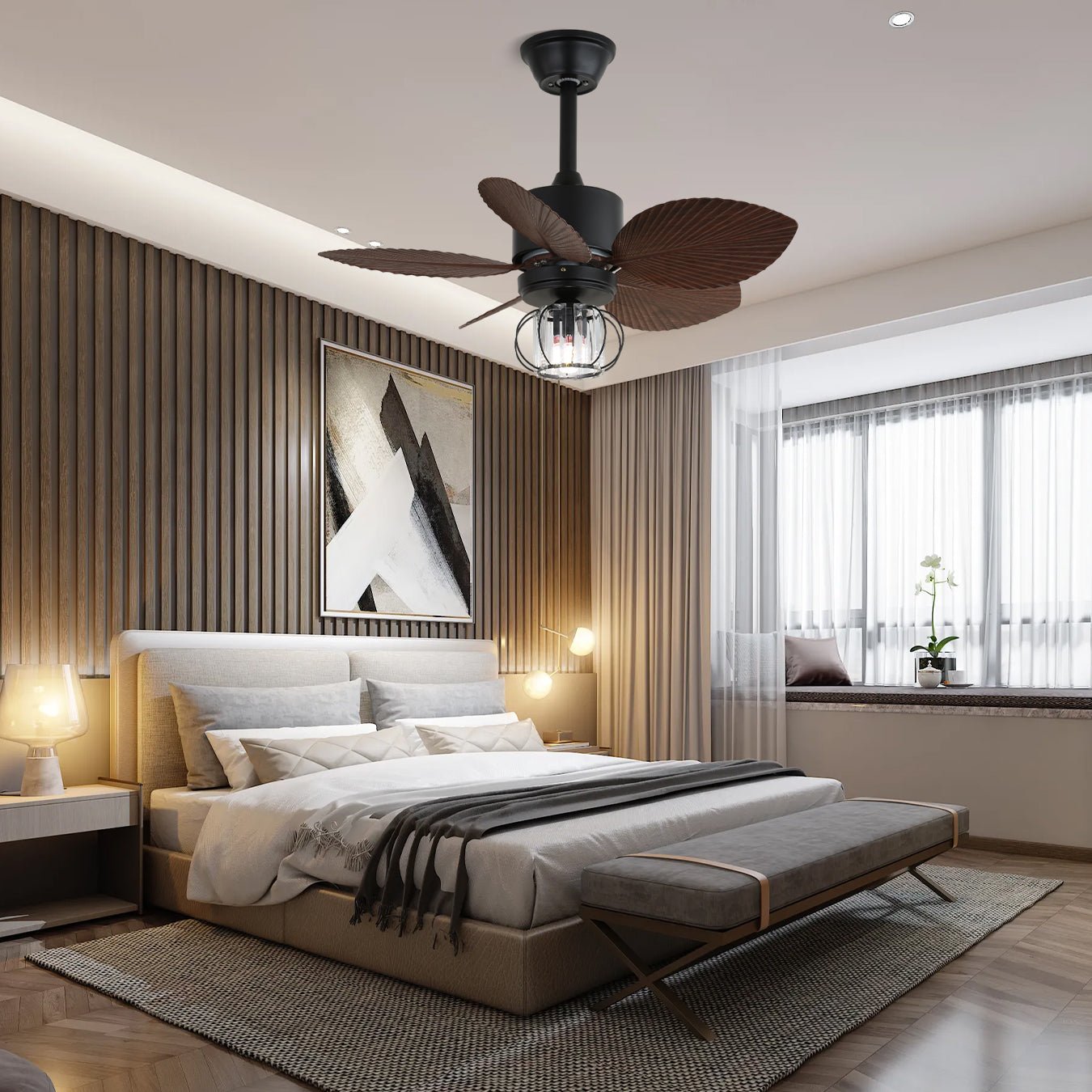 Primo piano del telecomando del ventilatore da soffitto industriale Caden con luce