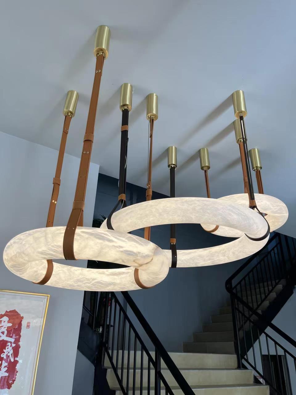 Étoile Pendant Light Chandelier Alabaster Ring Triple Leather - Letslighting