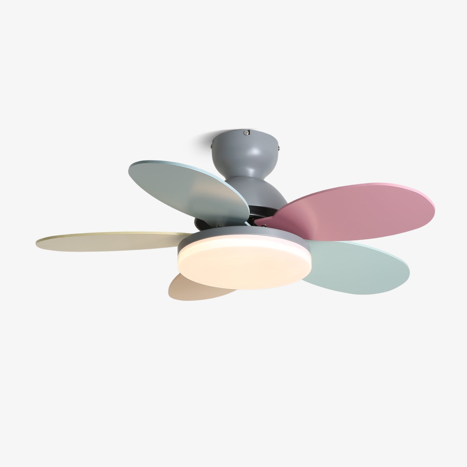 Ventilatore da soffitto con luce Liora per bambini in vetro colorato con pale in legno
