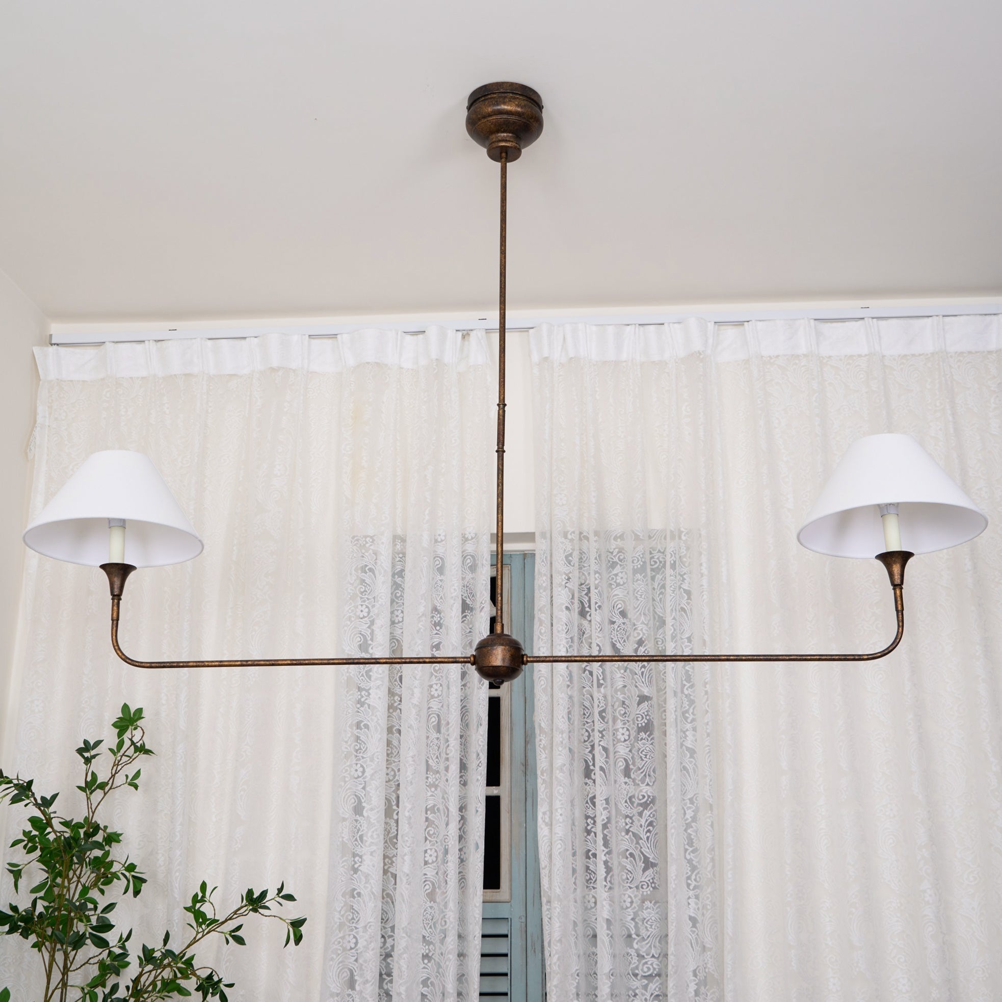 Aera Modern Minimalist Linear Antique Brass Fabric Chandelier - Lamp Copper