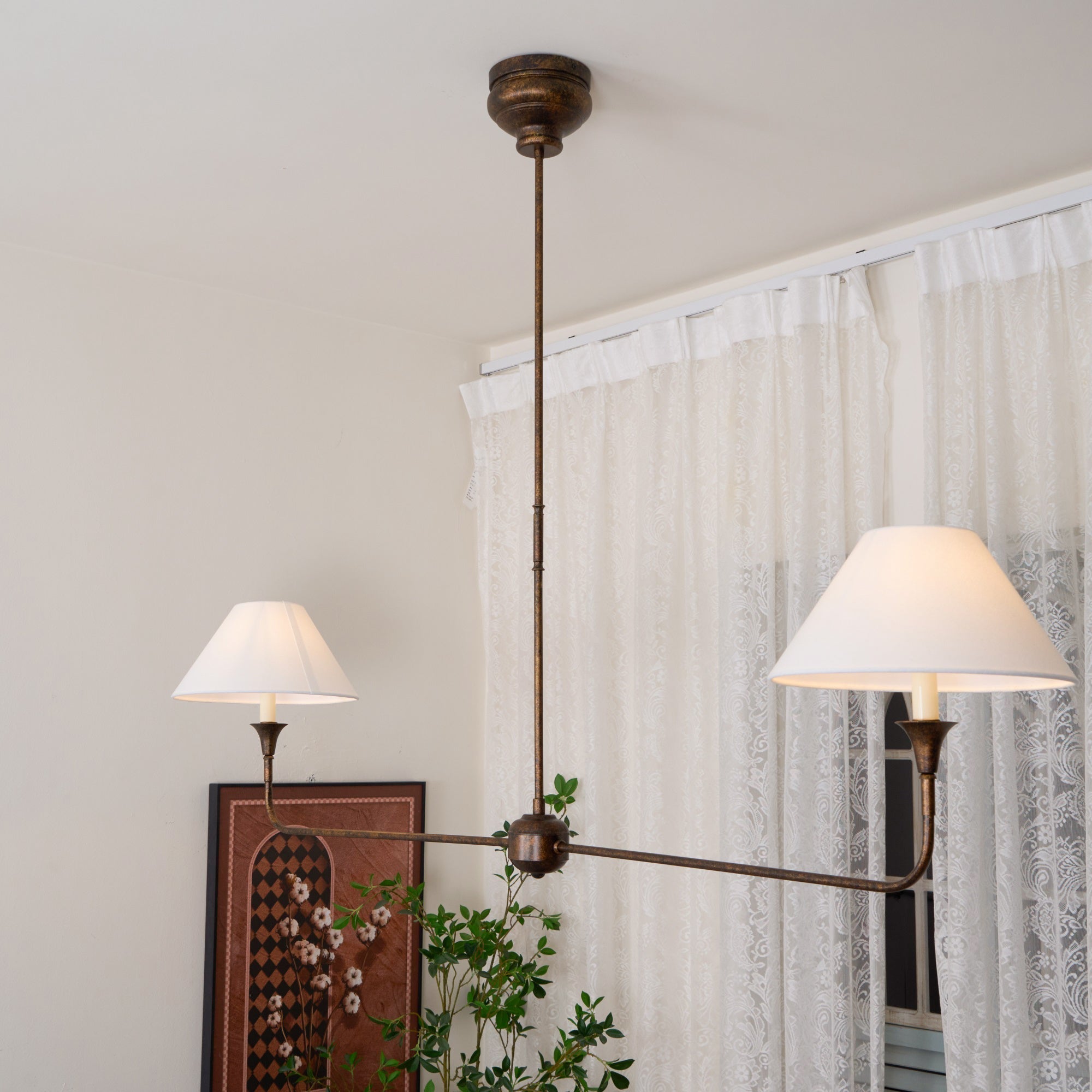 Aera Modern Minimalist Linear Antique Brass Fabric Chandelier - Lamp Copper