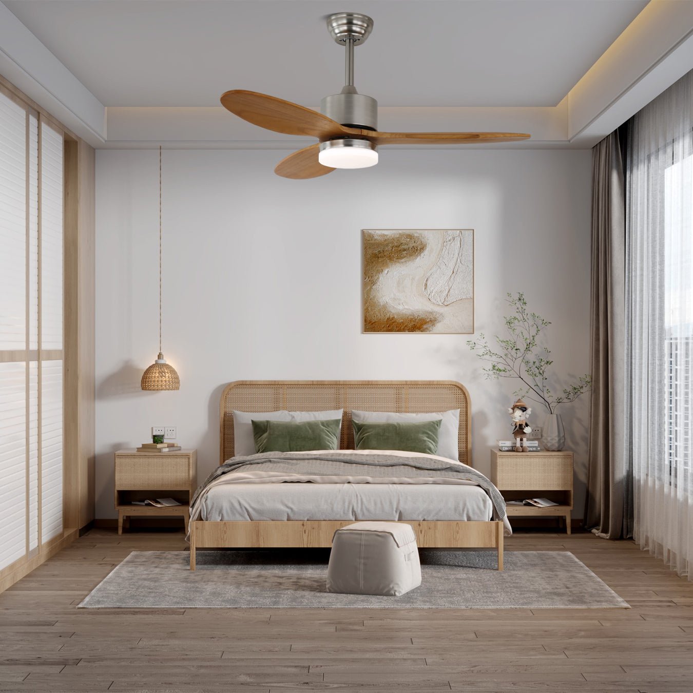 Ventilatore da soffitto con luce Elara con pale in legno e LED integrato