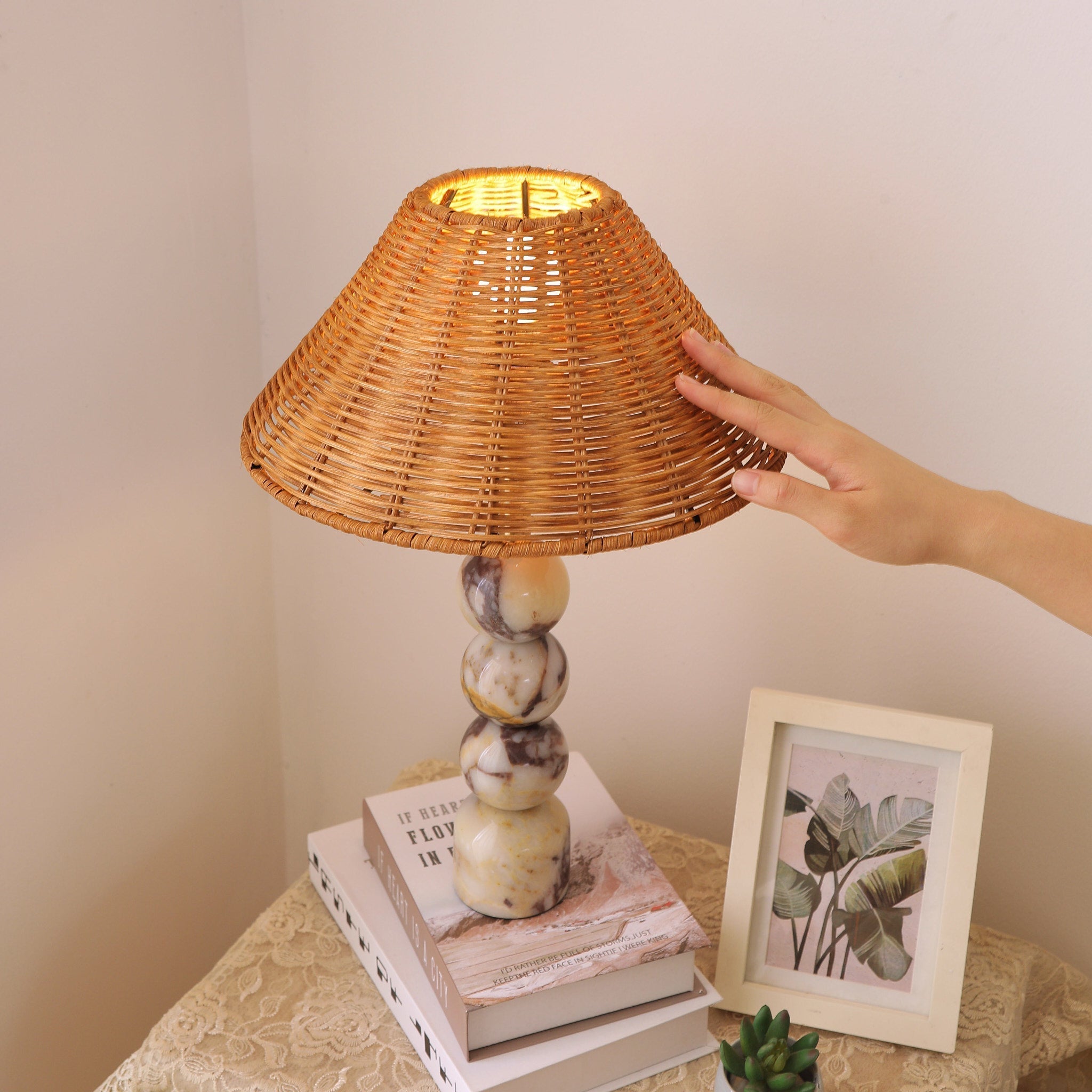 Rattan Marble Table Lamp - Lamp Copper