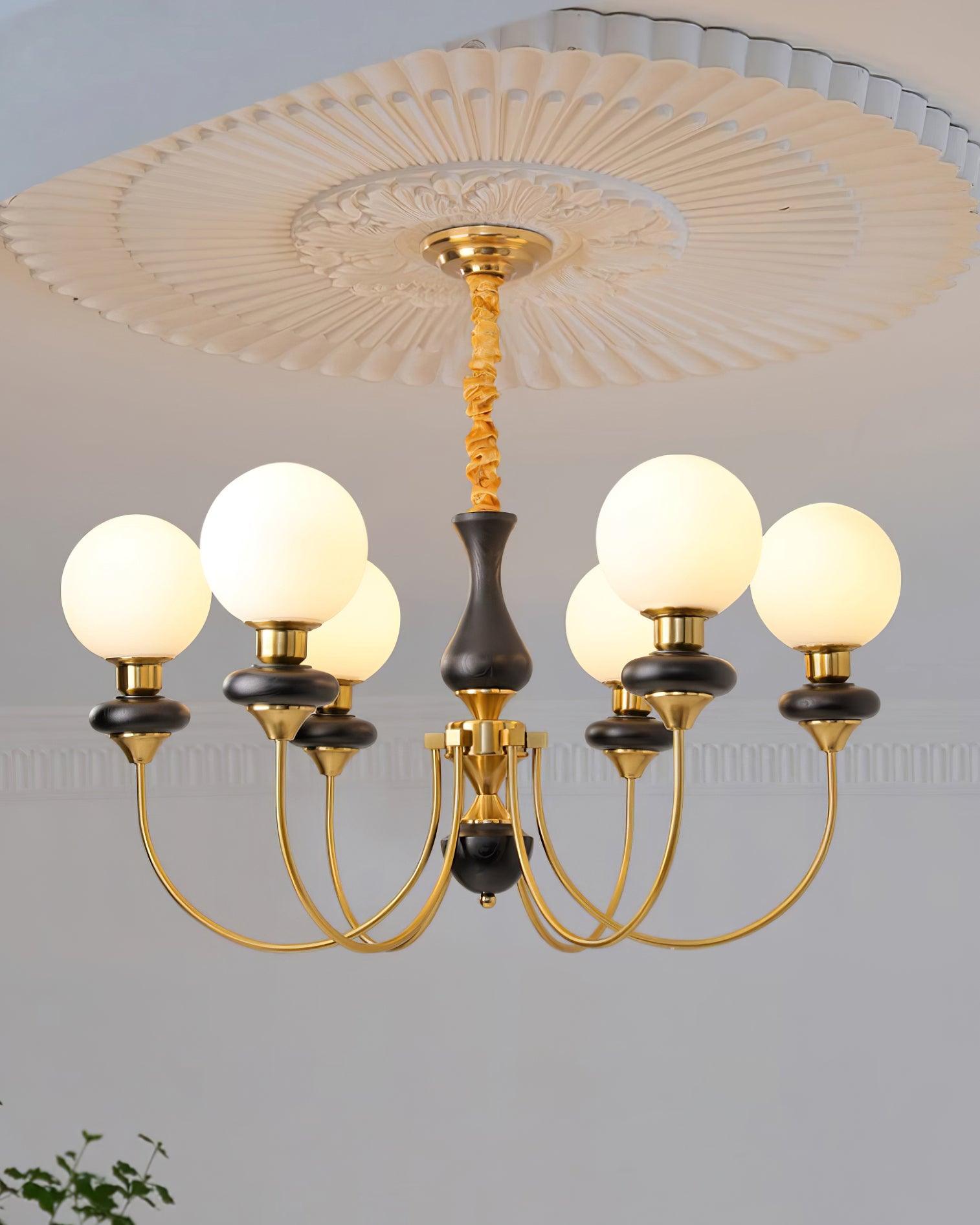 Chandelier Brass Curved Arms Walnut Vintage - Letslighting