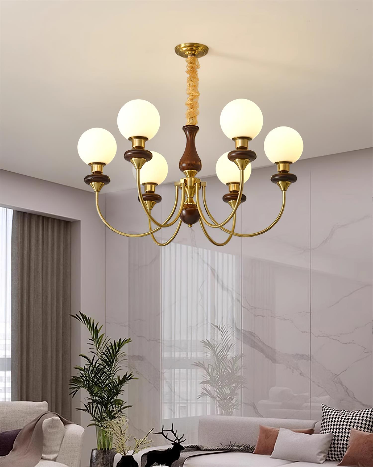Chandelier Brass Curved Arms Walnut Vintage - Letslighting