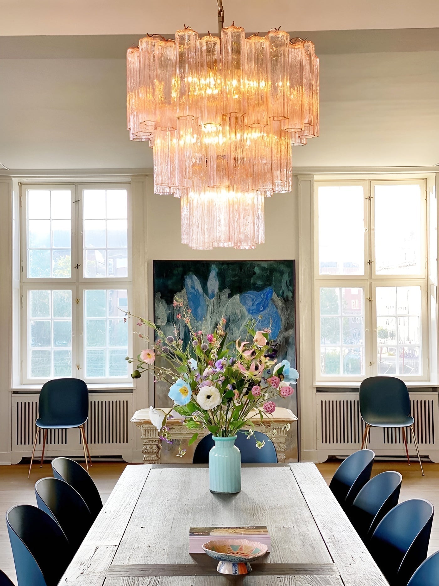 Aurora Chandelier Pink Glass Tubes Layered Modern - Neutralighting