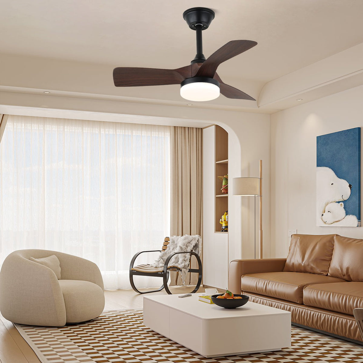 Ventilatore da soffitto minimalista Orlen installato in un soggiorno moderno