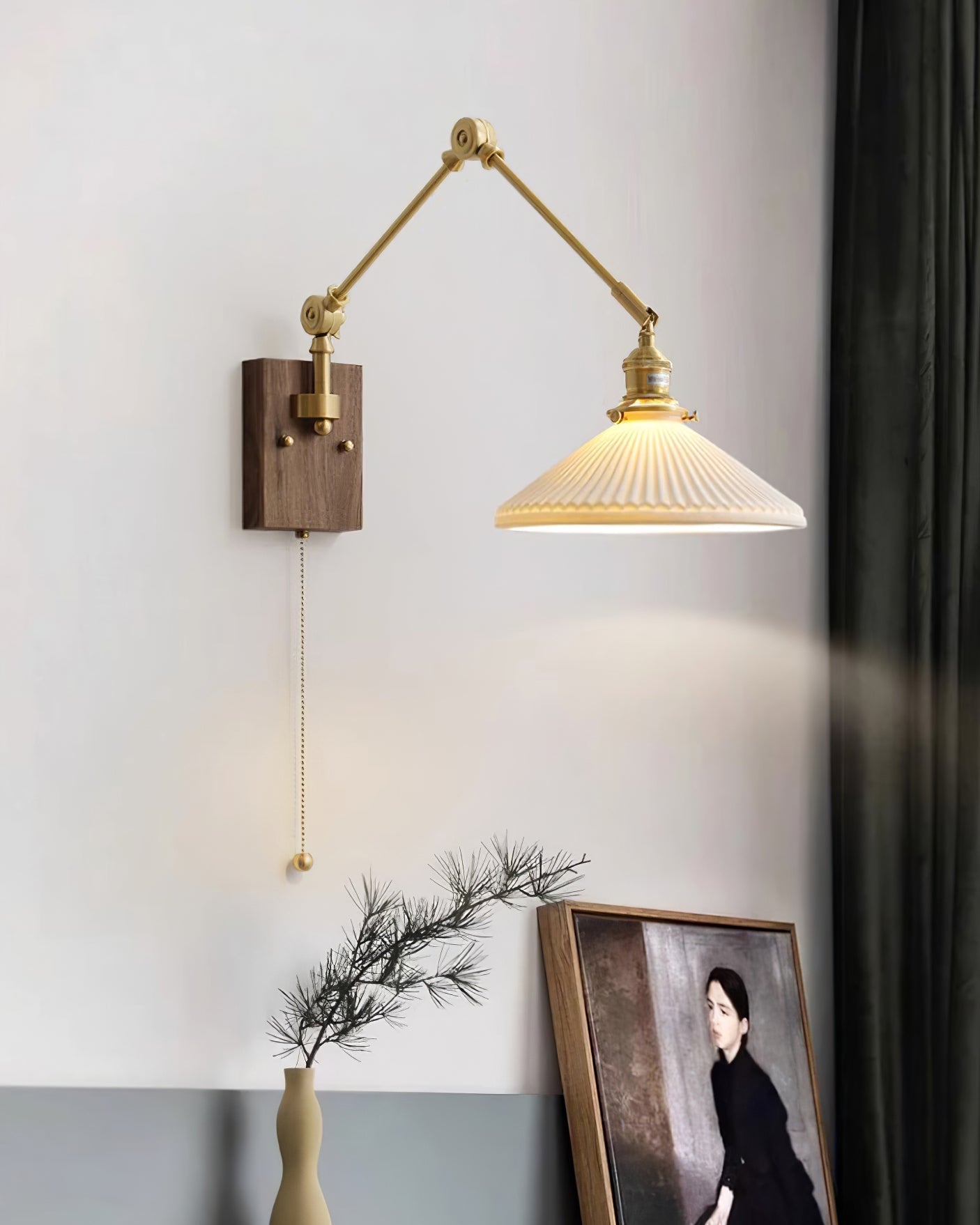Wall Lamp Adjustable Arm Pleated Shade Walnut Base Vintage Task - Letslighting