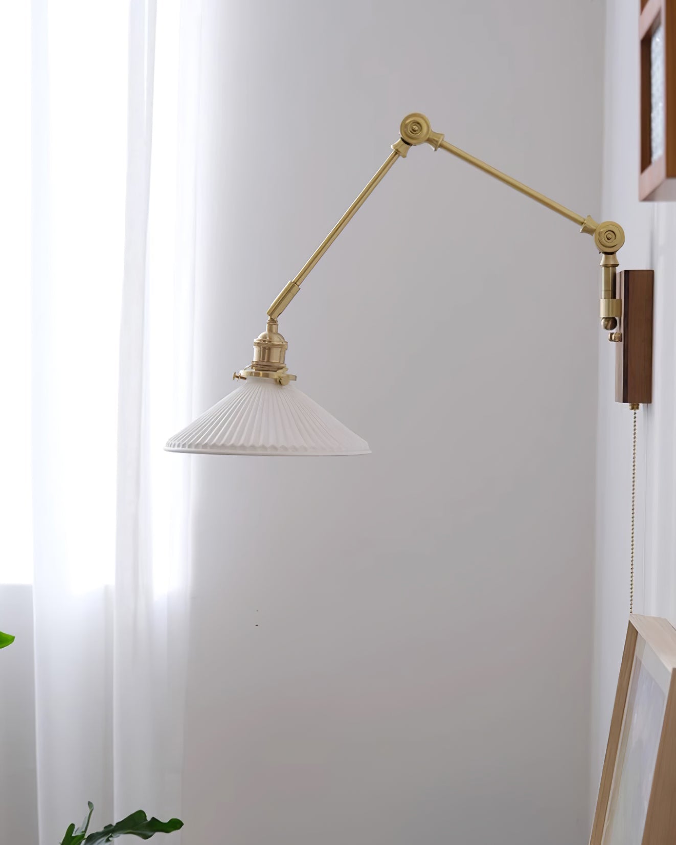 Wall Lamp Adjustable Arm Pleated Shade Walnut Base Vintage Task - Letslighting