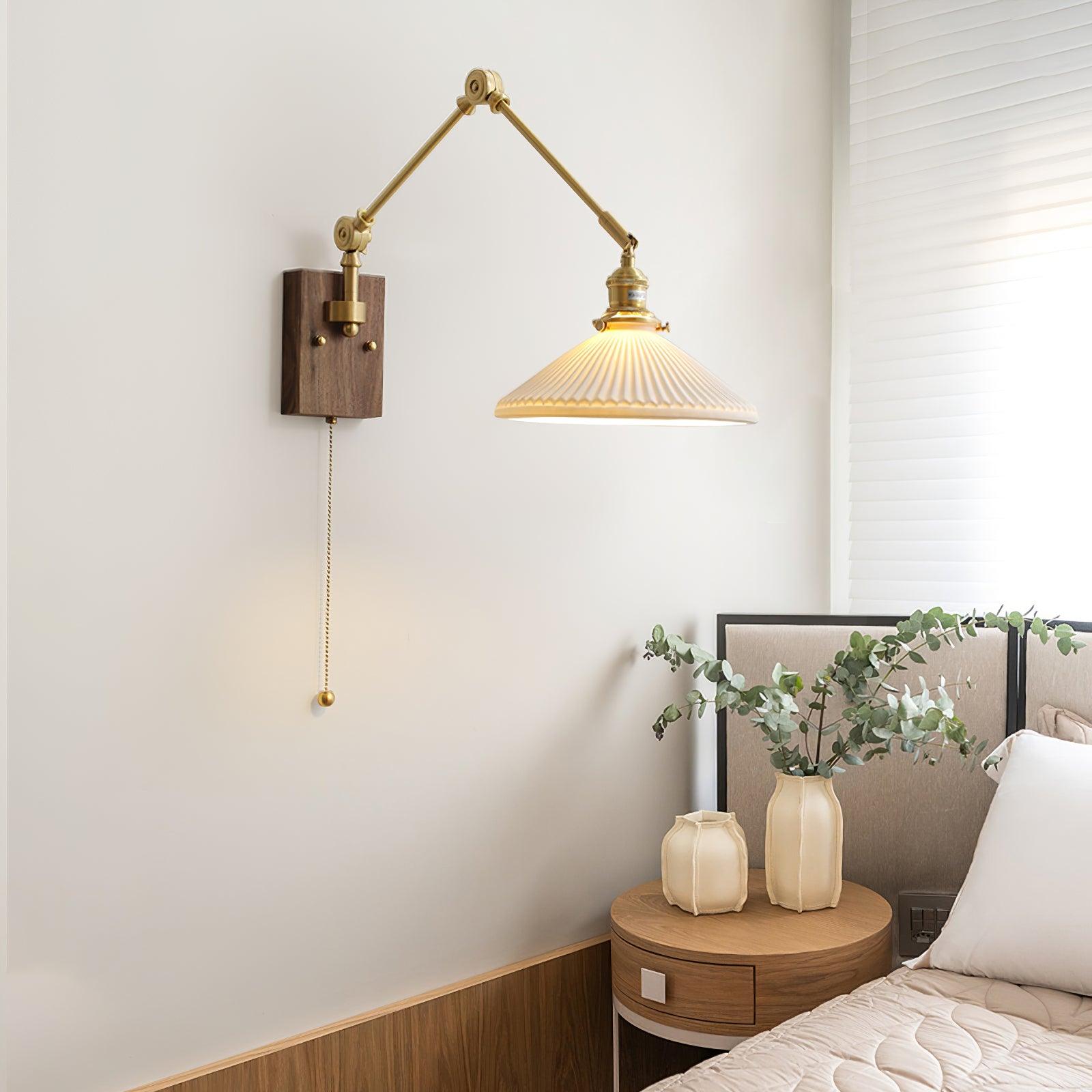 Wall Lamp Adjustable Arm Pleated Shade Walnut Base Vintage Task - Letslighting