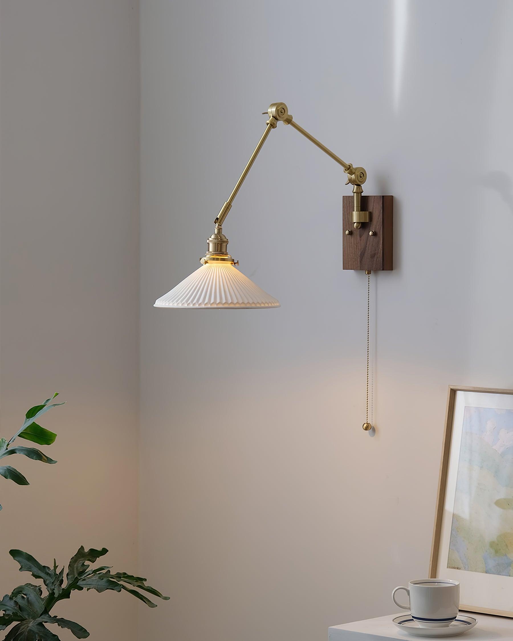 Wall Lamp Adjustable Arm Pleated Shade Walnut Base Vintage Task - Letslighting