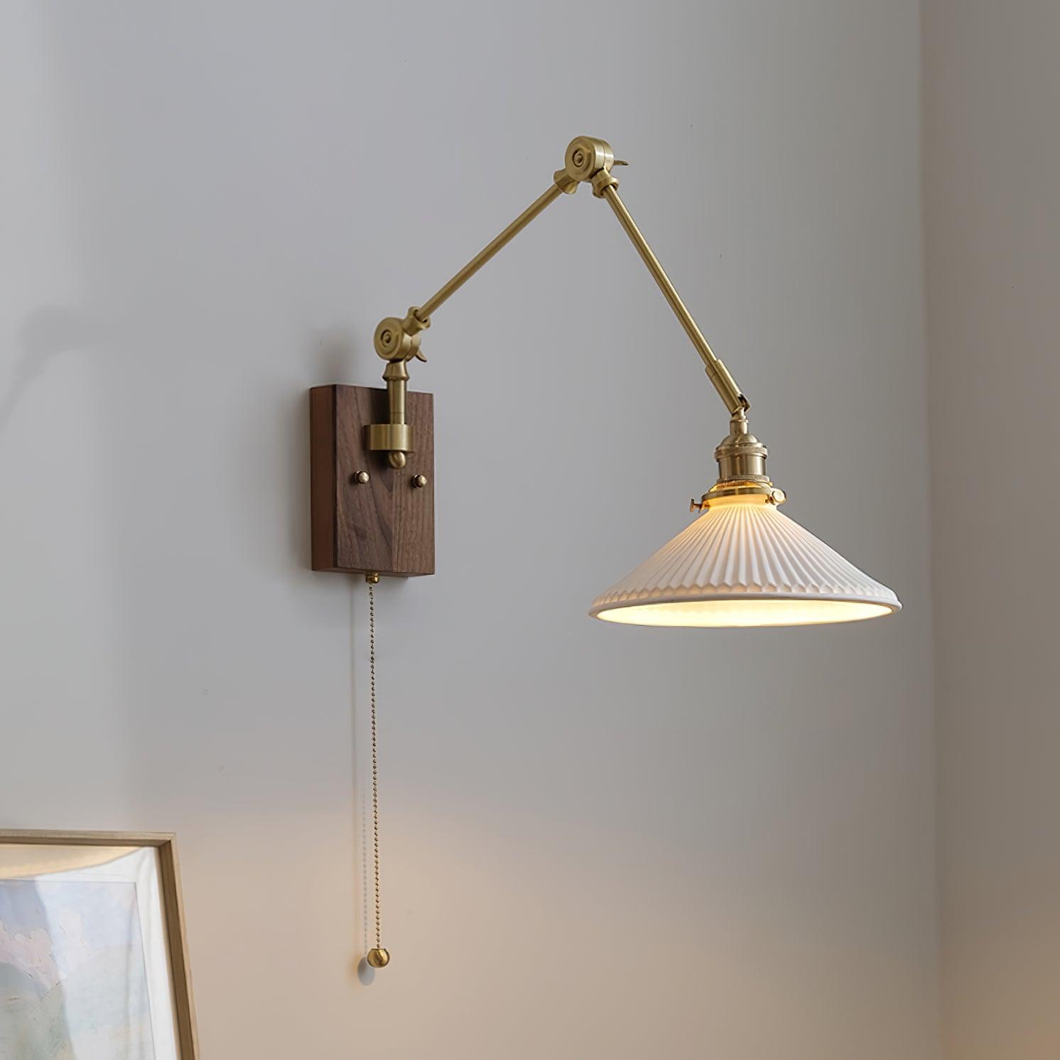 Wall Lamp Adjustable Arm Pleated Shade Walnut Base Vintage Task - Letslighting