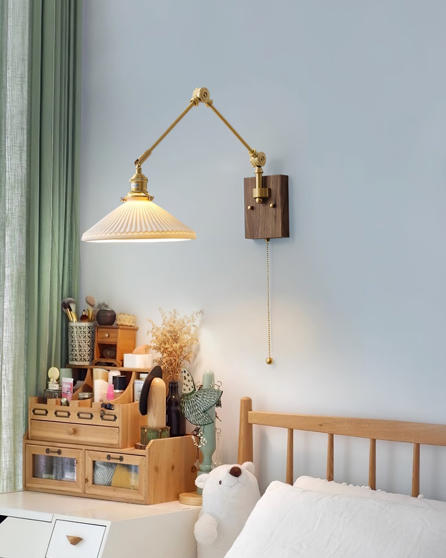 Wall Lamp Adjustable Arm Pleated Shade Walnut Base Vintage Task - Letslighting