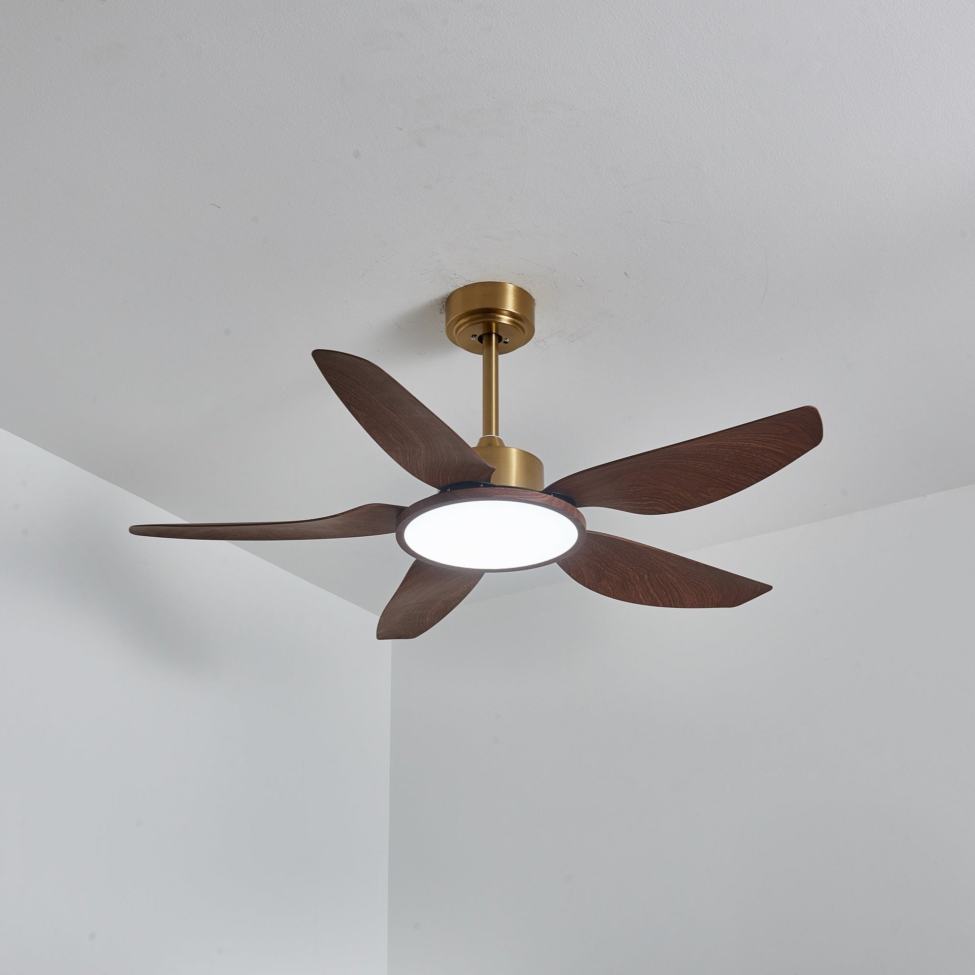 Vista laterale del ventilatore con luce Aurelia, che mostra il suo profilo.