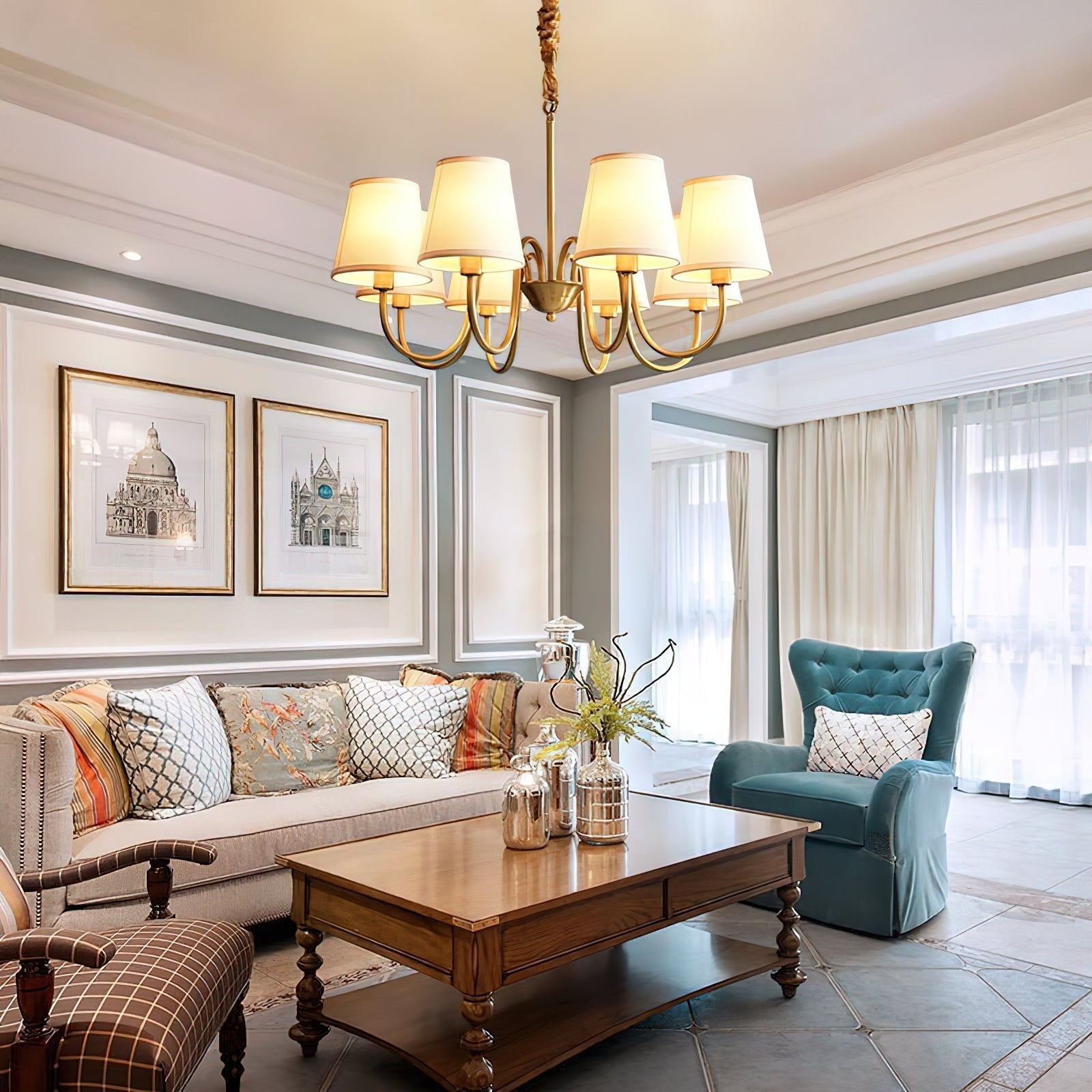 Aged Traditional Stacey Fabric Chandelier - Lamp Copper