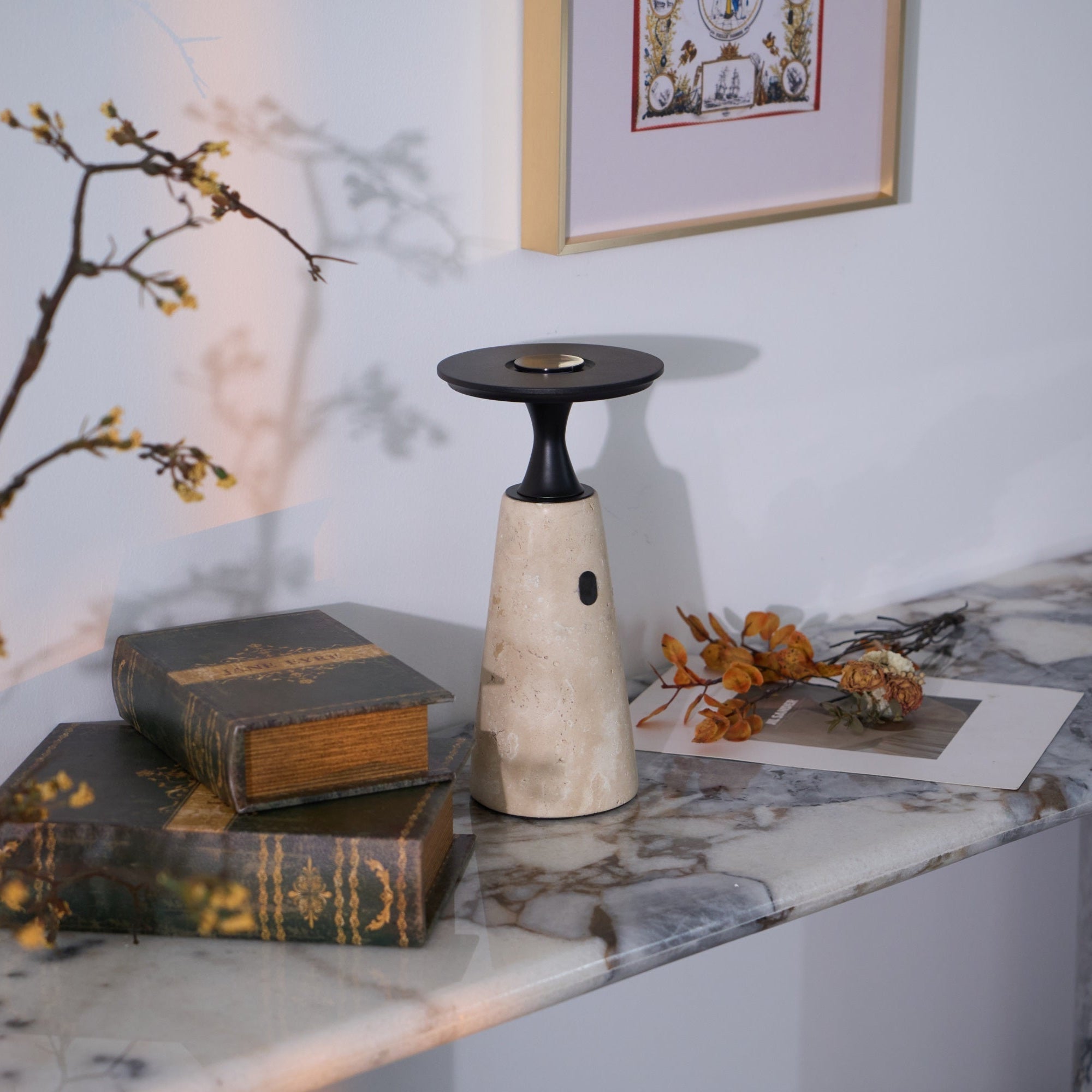 Vespera Sculptural Travertine Table Lamp - Neutralighting