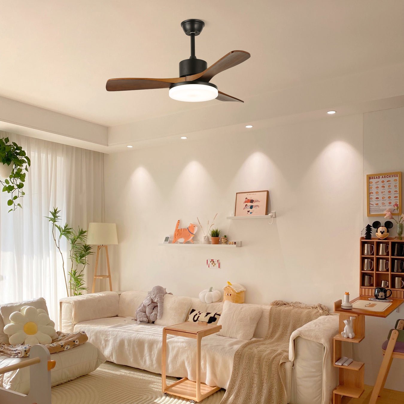 Ventilatore da Soffitto con Luce Minimalista Darian in Legno, Modello D, diametro 48 pollici