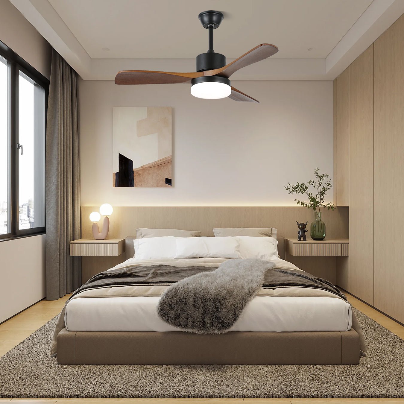 Ventilatore da Soffitto con Luce Minimalista Darian in Legno, Modello B, diametro 48 pollici