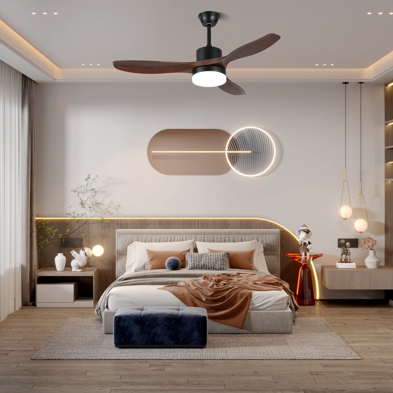 Ventilatore da Soffitto con Luce Minimalista Darian in Legno con pale in legno