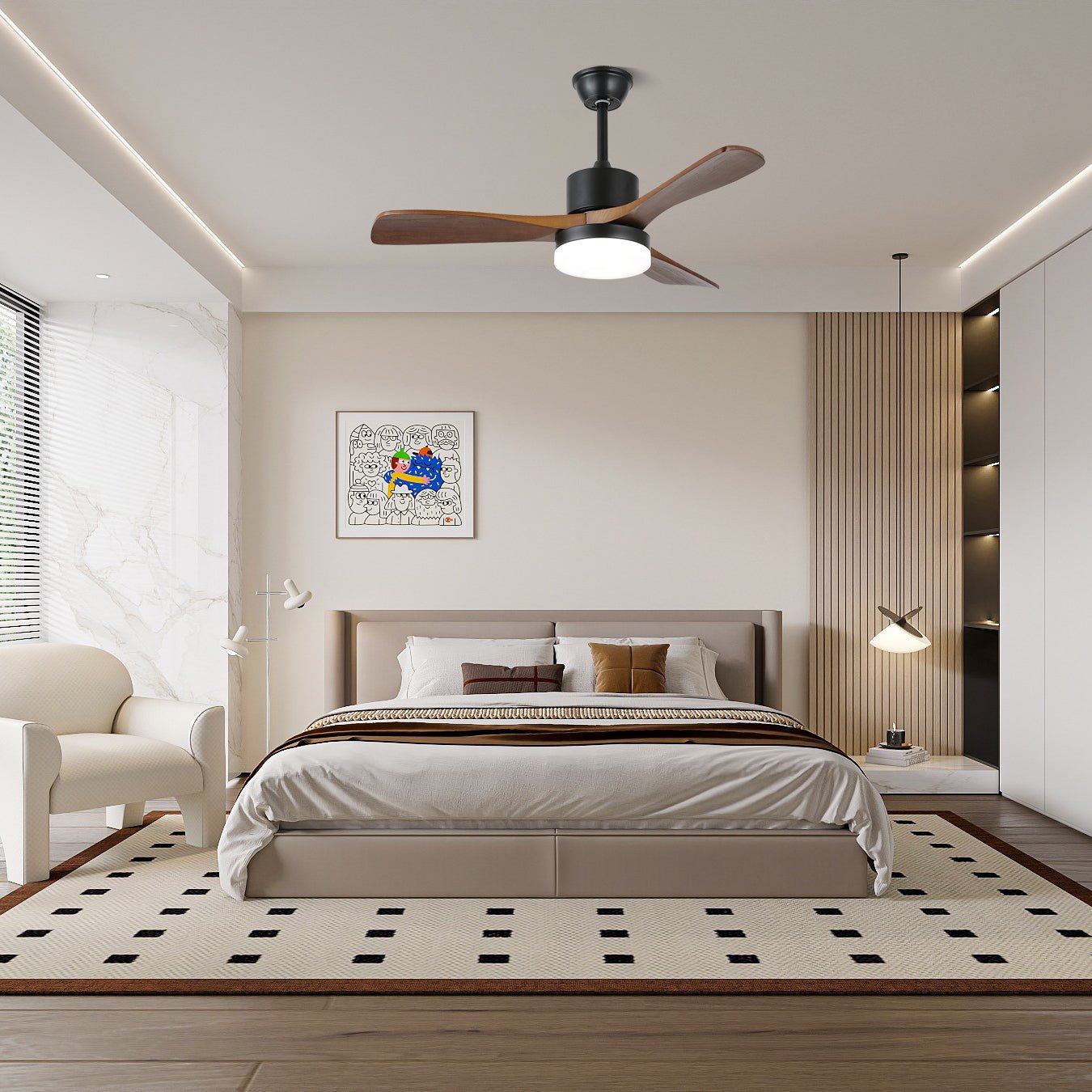 Ventilatore da Soffitto con Luce Minimalista Darian in Legno, Modello B, diametro 52 pollici