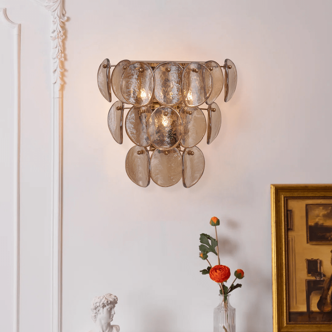 Aurora Wall Lamp Amber Glass Disc Fish Scale Brass - Neutralighting